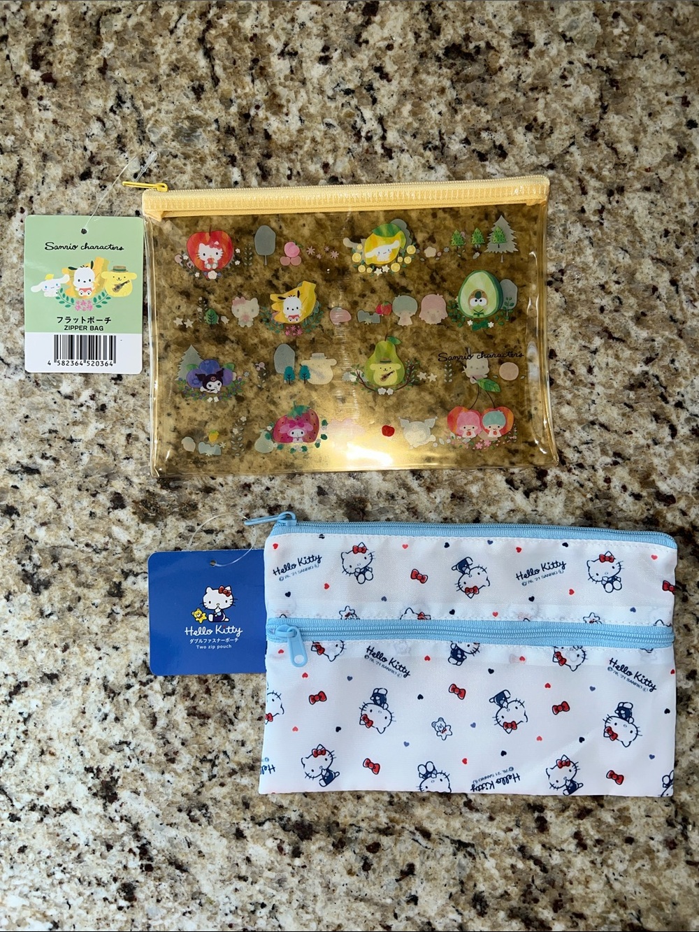 Hello Kitty Clear Yellow Character Pouch + White & Blue Zip Pouch Duo